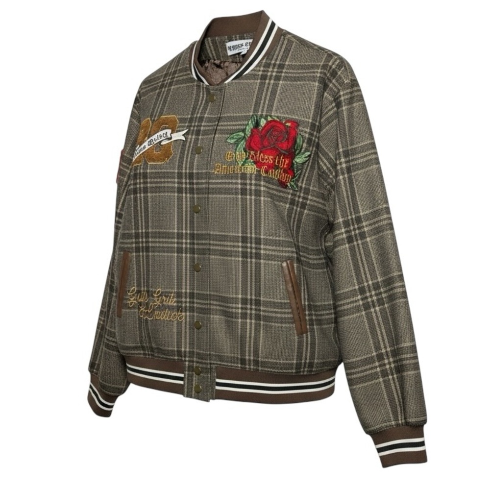 Plaid Embroidered Bomber Jacket - Brown